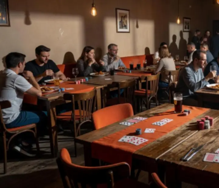 Városi Program étterem meleg fényekkel és közösségi asztalokkal.