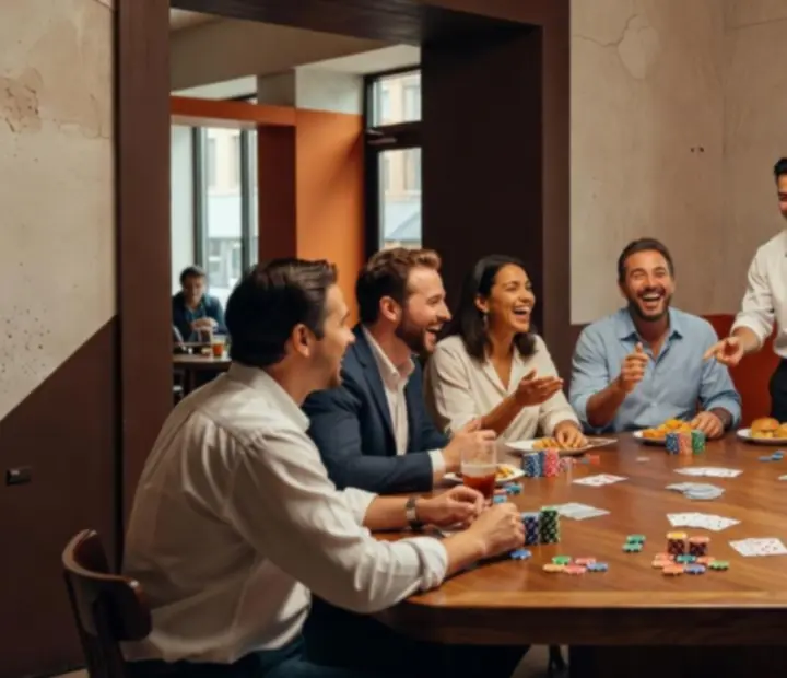 Vendégek Texas Hold'em asztalnál, társasági hangulatban