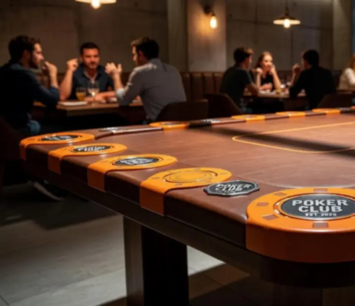 Masszív asztal poker-szerű zseton dekorral és narancs-barna pályákkal